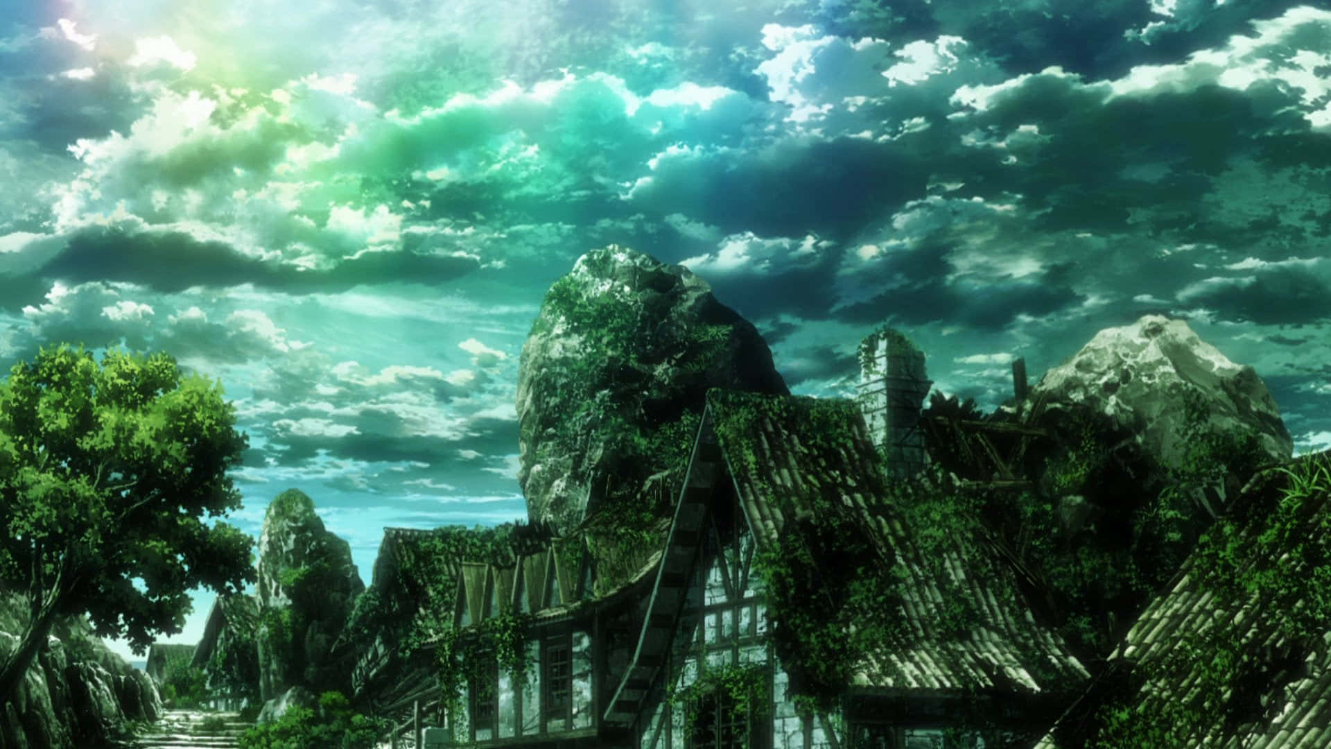 Attack On Titan Season 3 桌布 壁紙 — 一個長滿青苔的中世紀村莊，坐落在高聳的懸崖之間，天空呈現戲劇性的綠色和藍綠色。