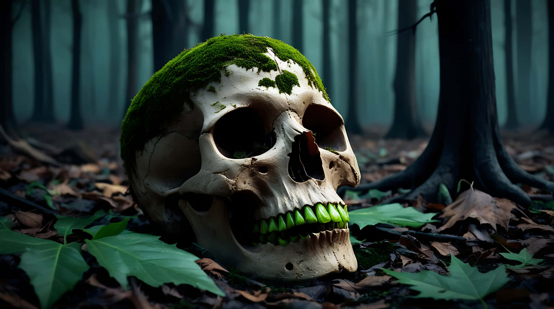 Rotting Skull in a Forest of the Dead 壁紙 — 一個長滿青苔的人類頭骨，帶有發光的綠色牙齒，躺在霧氣瀰漫的森林中的落葉之間。
