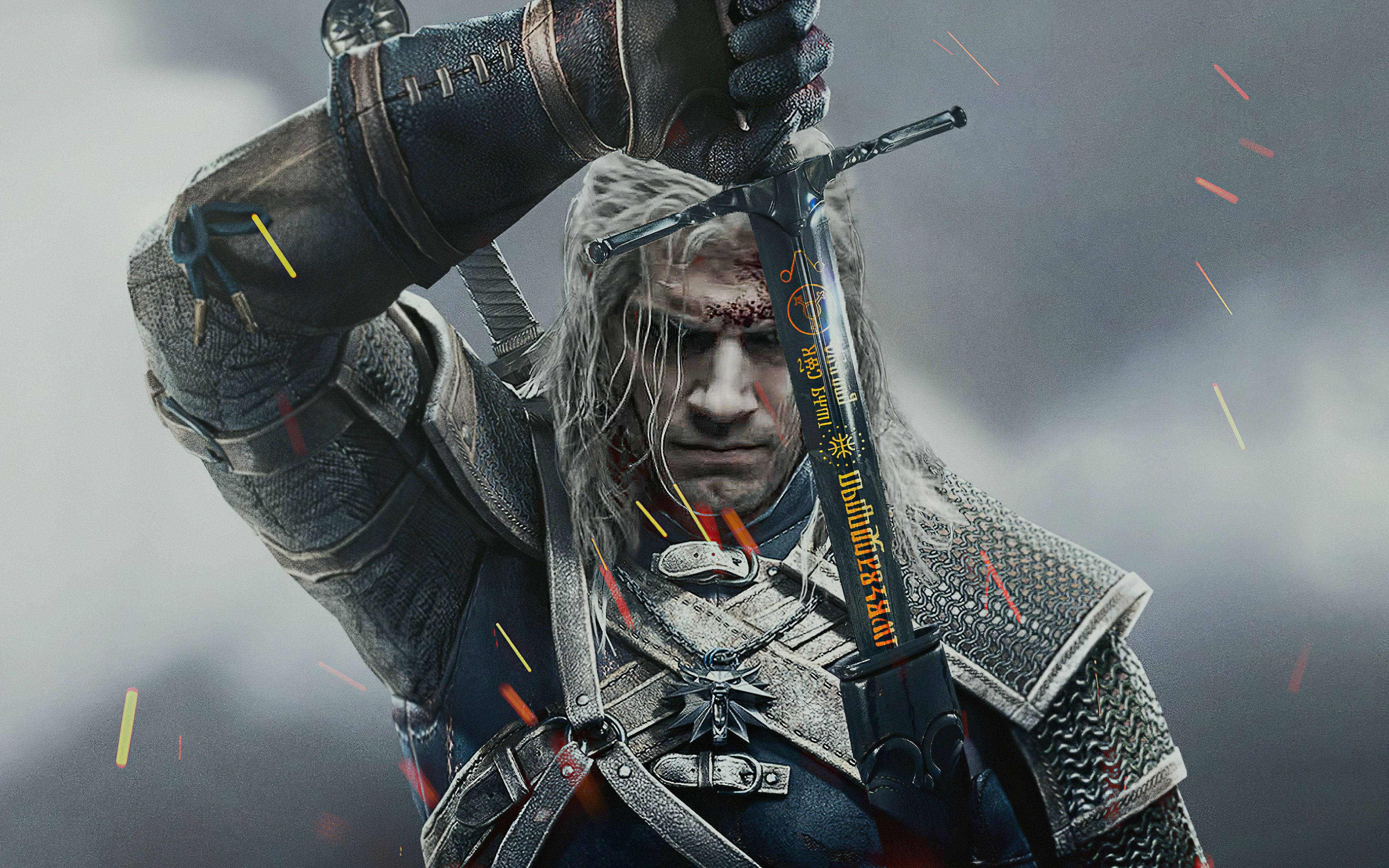 witcher 4K 桌布 壁紙 — 一個長白髮、滿臉鮮血的陰沉戰士，在風暴灰暗的天空中舉劍，周圍有飛舞的火星。