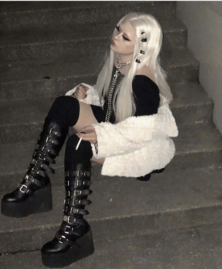垃圾美學 桌布 壁紙 — 一個長白髮的人坐在混凝土樓梯上，穿著黑色厚底靴和蓬鬆的白色外套。