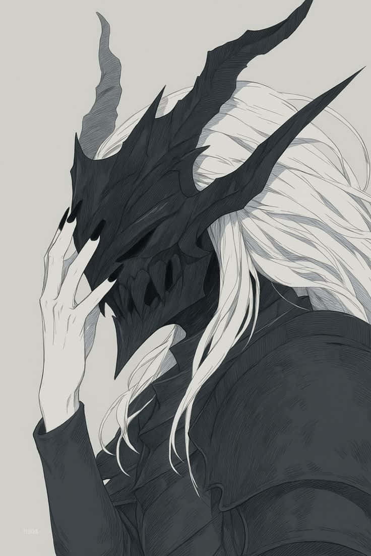 Sketch 壁紙 — 一個長白髮的人戴著鋸齒狀的黑色惡魔面具，同時用一隻手觸摸其表面。