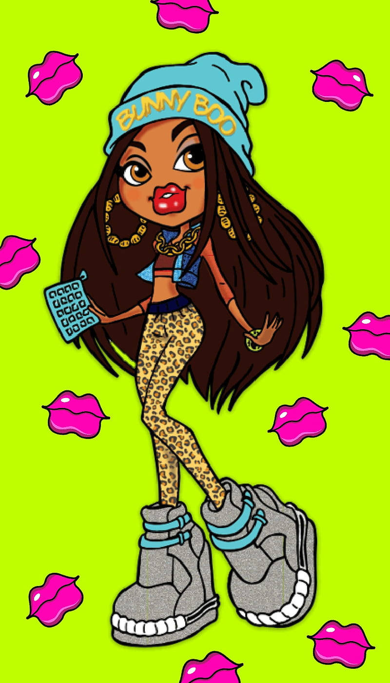 Bratz 桌布 壁紙 — 一個長著棕色長髮、戴著印有「BUNNY BOO」字樣藍色毛帽的卡通女孩，站在明亮的綠色背景前，周圍環繞著粉紅色的嘴唇。