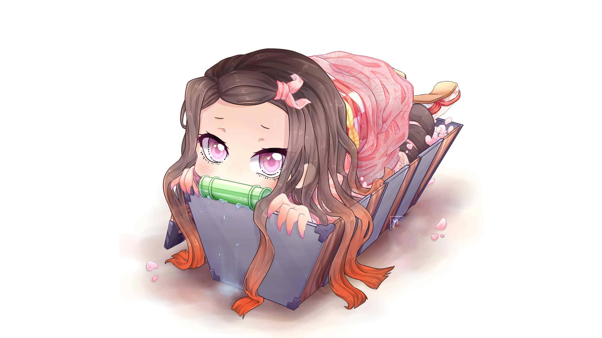 動漫女孩 桌布 壁紙 — 一個長著棕色長髮和粉紅色眼睛的Q版動漫女孩從一個破盒子裡探出頭來，手裡拿著一支綠色竹笛。