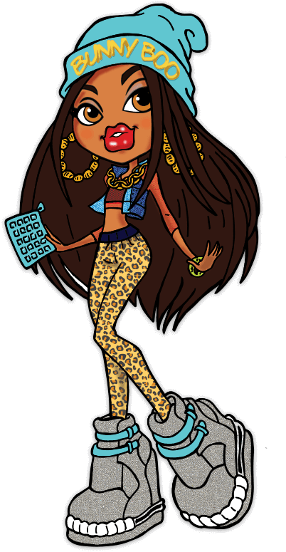 Bratz 桌布 壁紙 — 一個長著棕色長髮的卡通女孩戴著藍色「BUNNY BOO」毛帽、穿著豹紋緊身褲和超大運動鞋，同時拿著手機。
