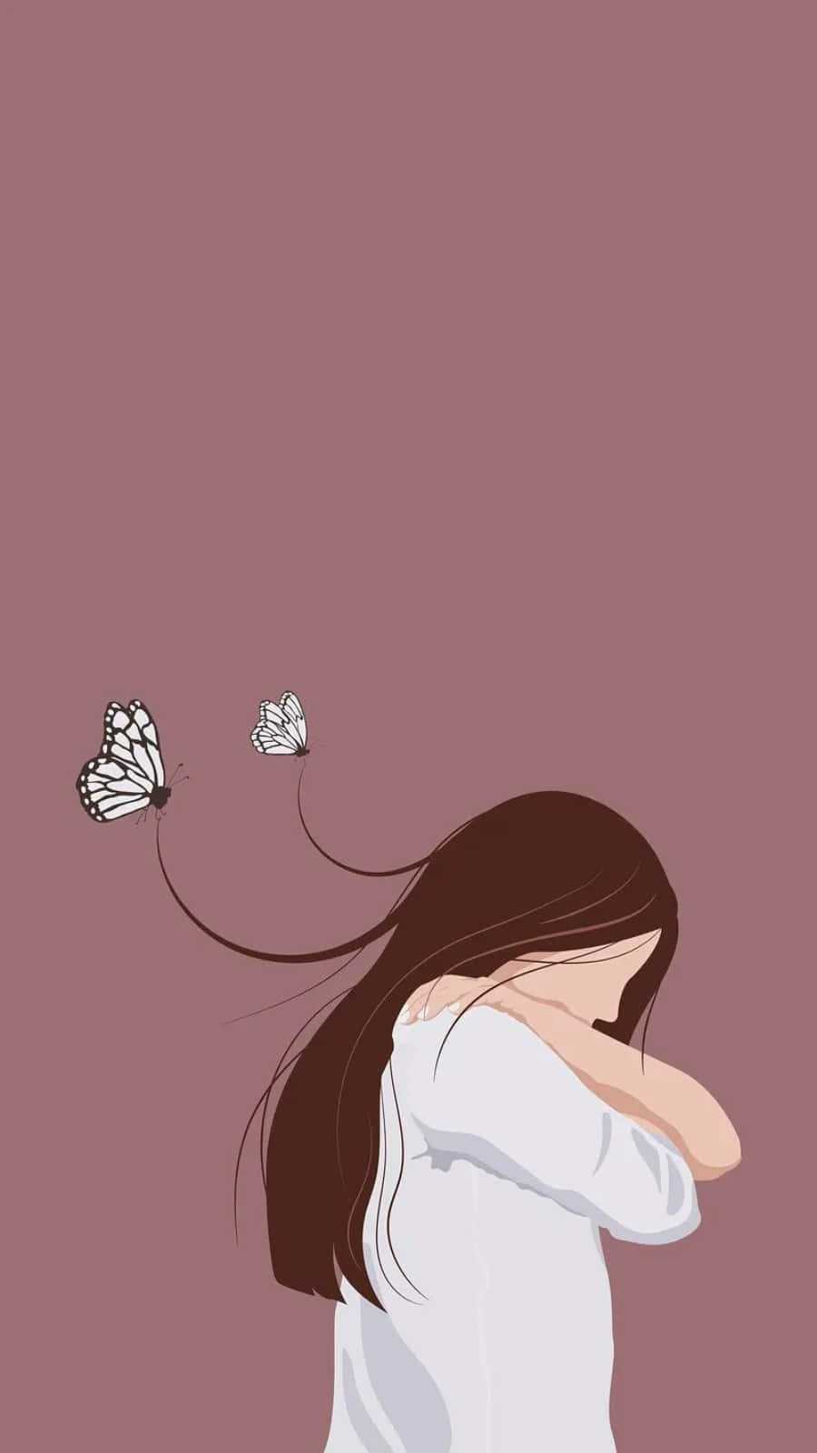 可愛女生 桌布 壁紙 — 一個長著棕色長髮的女孩將臉埋在雙臂中，兩隻白色蝴蝶從她的頭髮中飛出，背景是柔和的紫紅色。