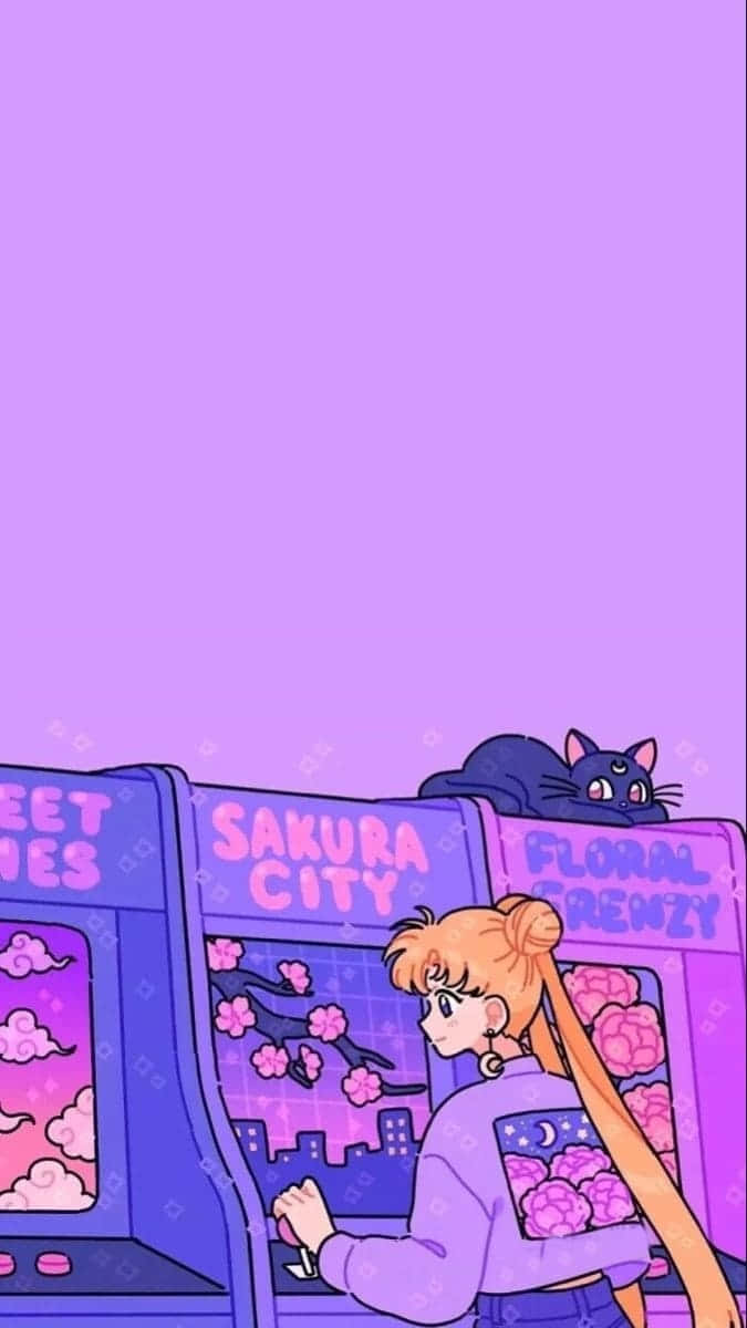 美少女戰士 桌布 壁紙 — 一個長著橙色長髮的女孩在紫色天空下玩街機遊戲，一隻黑貓棲息在機器頂部。