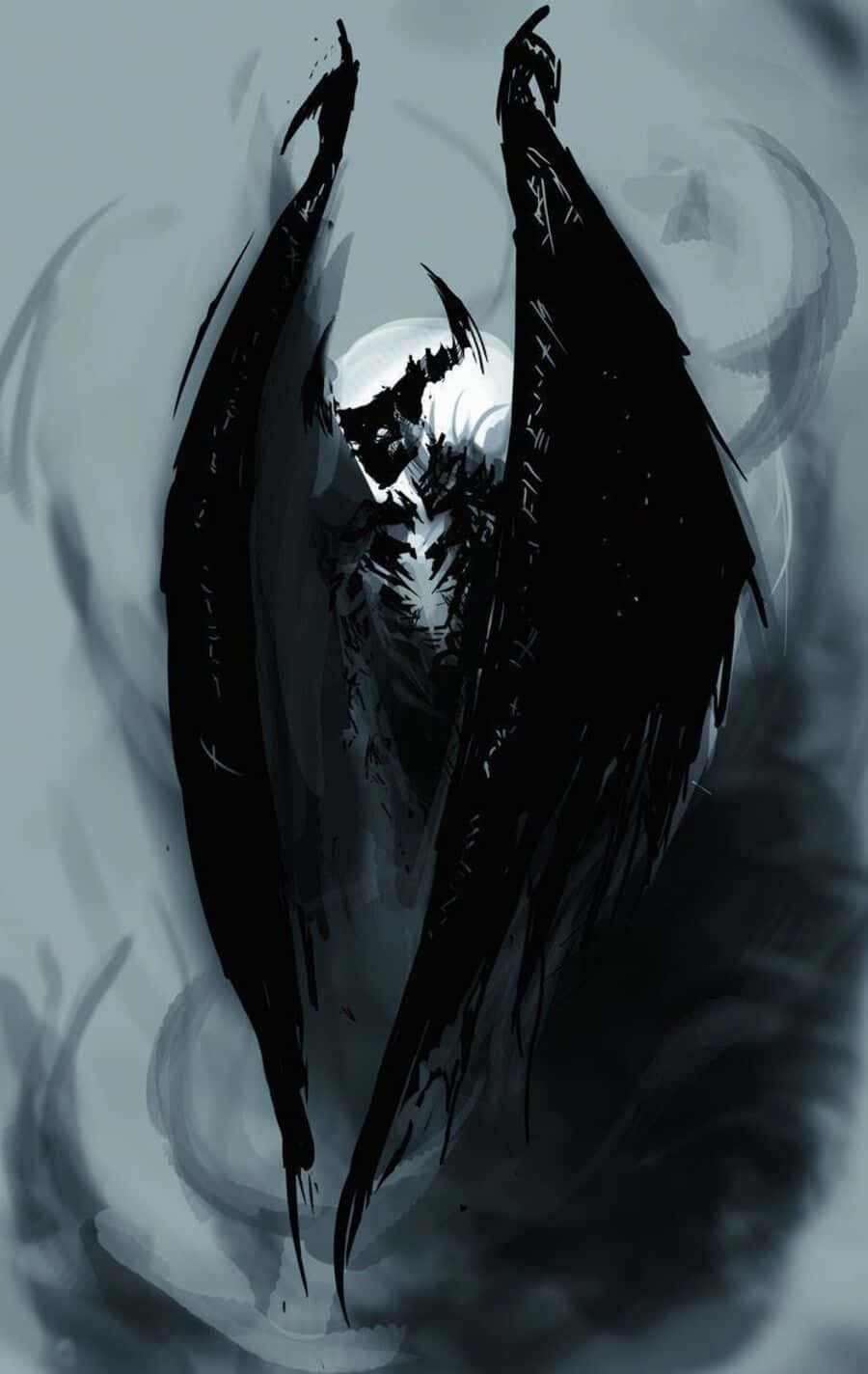 Dark Power 桌布 壁紙 — 一個長著深色翅膀、眼睛發光的惡魔般身影，從旋轉的煙霧中浮現，背景是蒼白的月光。
