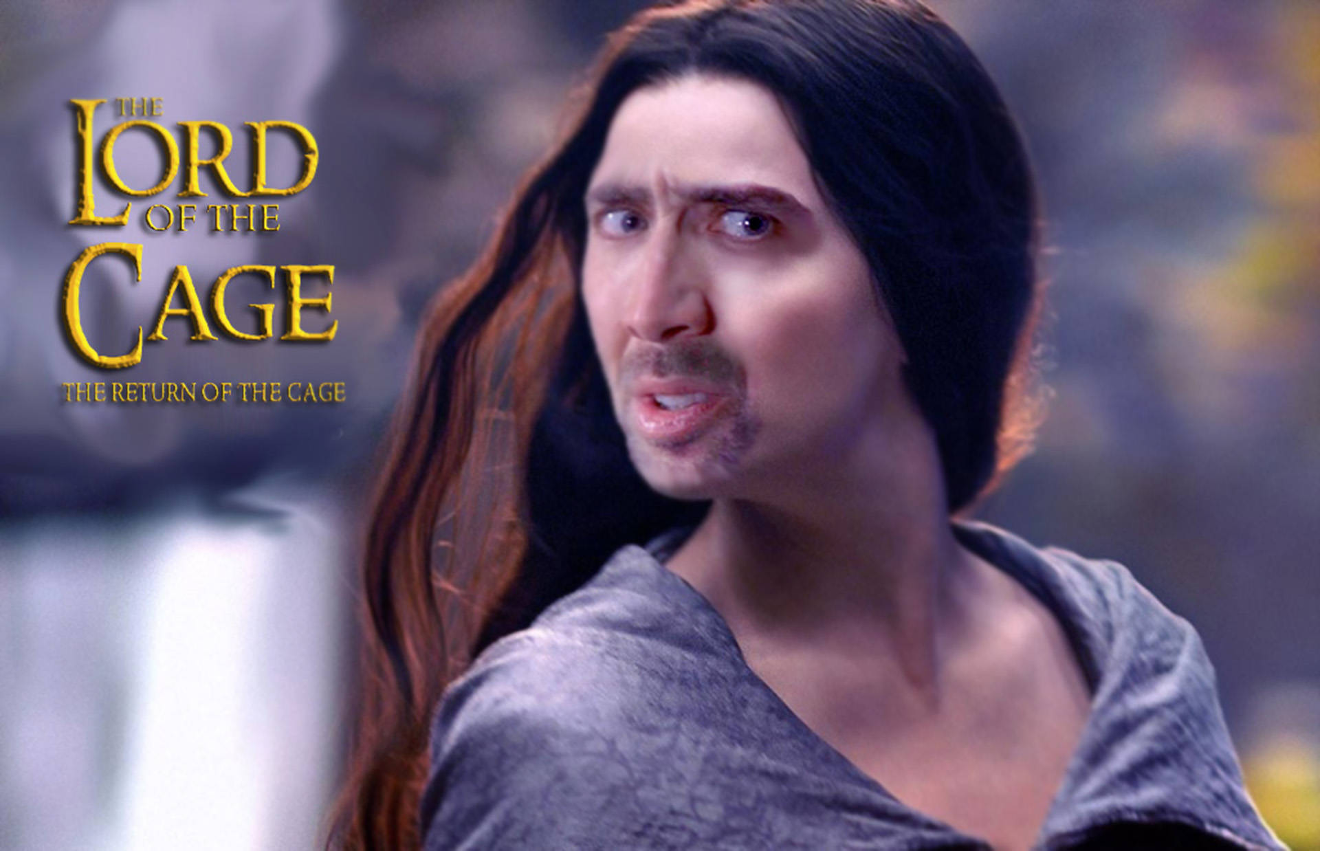 nicolas cage meme 桌布 壁紙 — 一個長著深色長髮、身穿灰色長袍的男人，在模糊的奇幻背景下，帶著驚訝的表情凝視著。