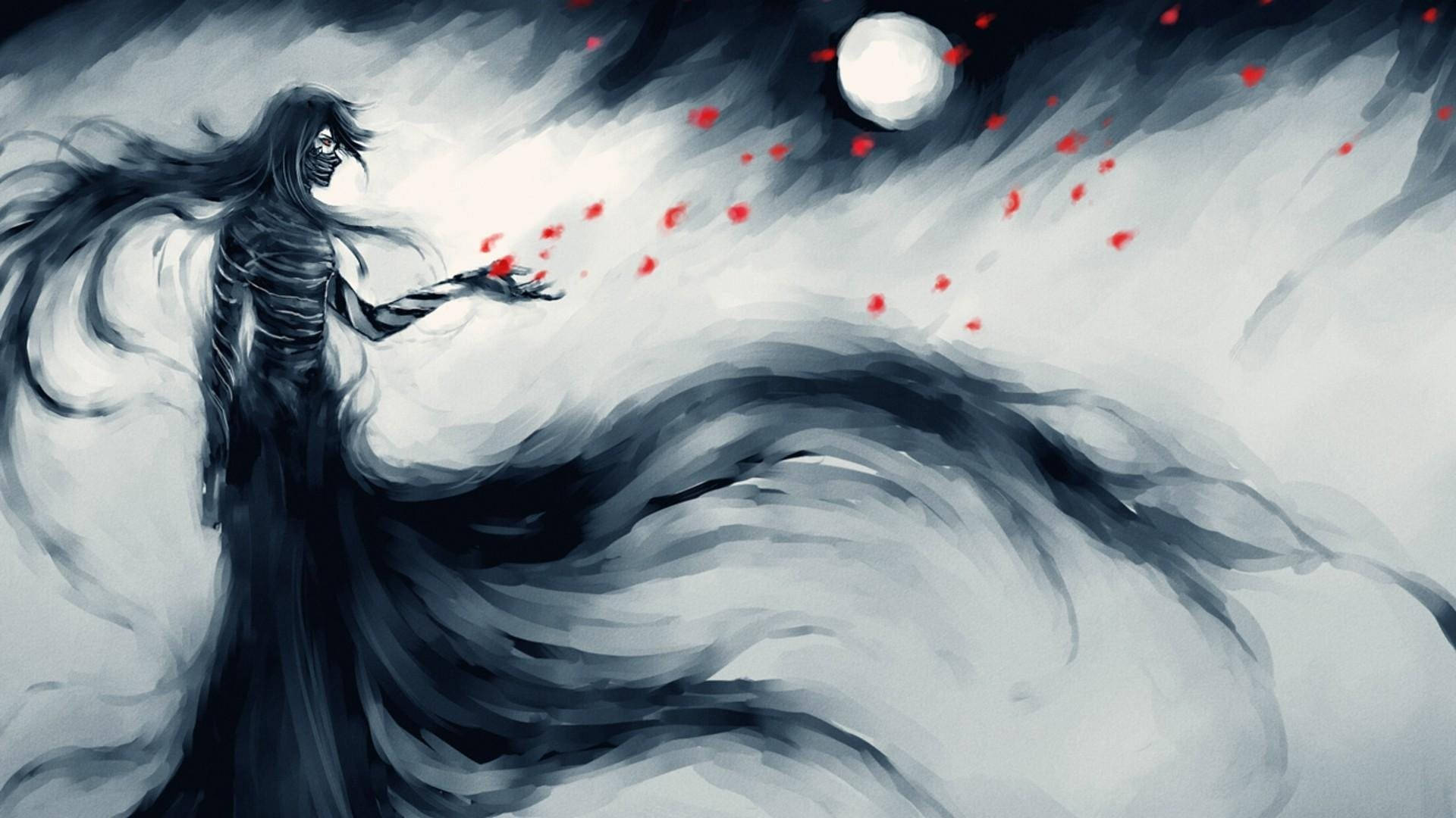 動漫戰鬥 桌布 壁紙 — 一個長著深色長髮的骷髏身影漂浮在旋轉的灰色雲層中，向著發光的月亮散落紅色花瓣。