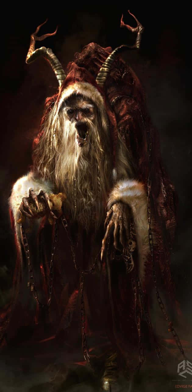 Krampus 桌布 壁紙 — 一個長著白色長髮和彎曲角的可怕惡魔身影在黑暗中若隱若現，披著破爛的紅色長袍，手持鎖鏈。