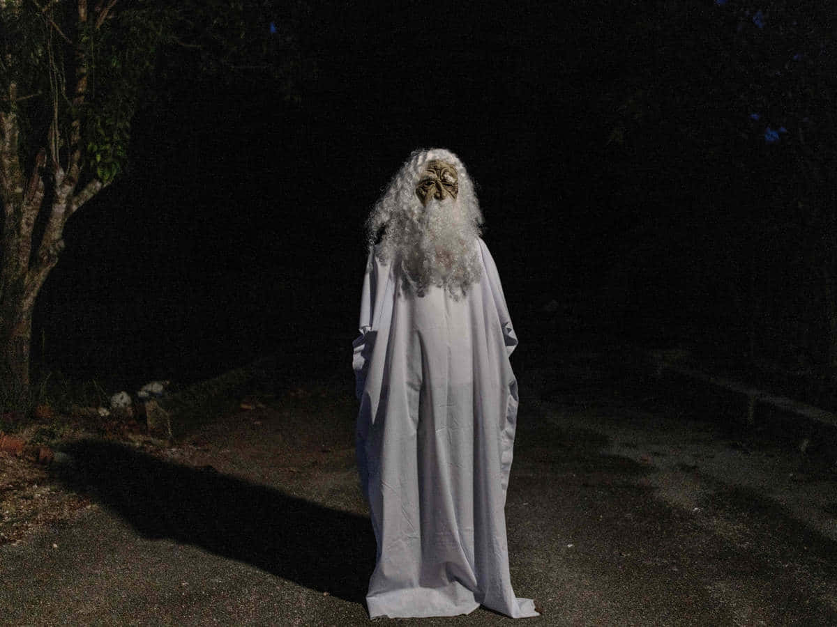 鬼魂 桌布 壁紙 — 一個長著白色長髮和鬍鬚的幽靈般的身影，夜晚獨自站在黑暗的森林小徑上，被單一光源照亮。