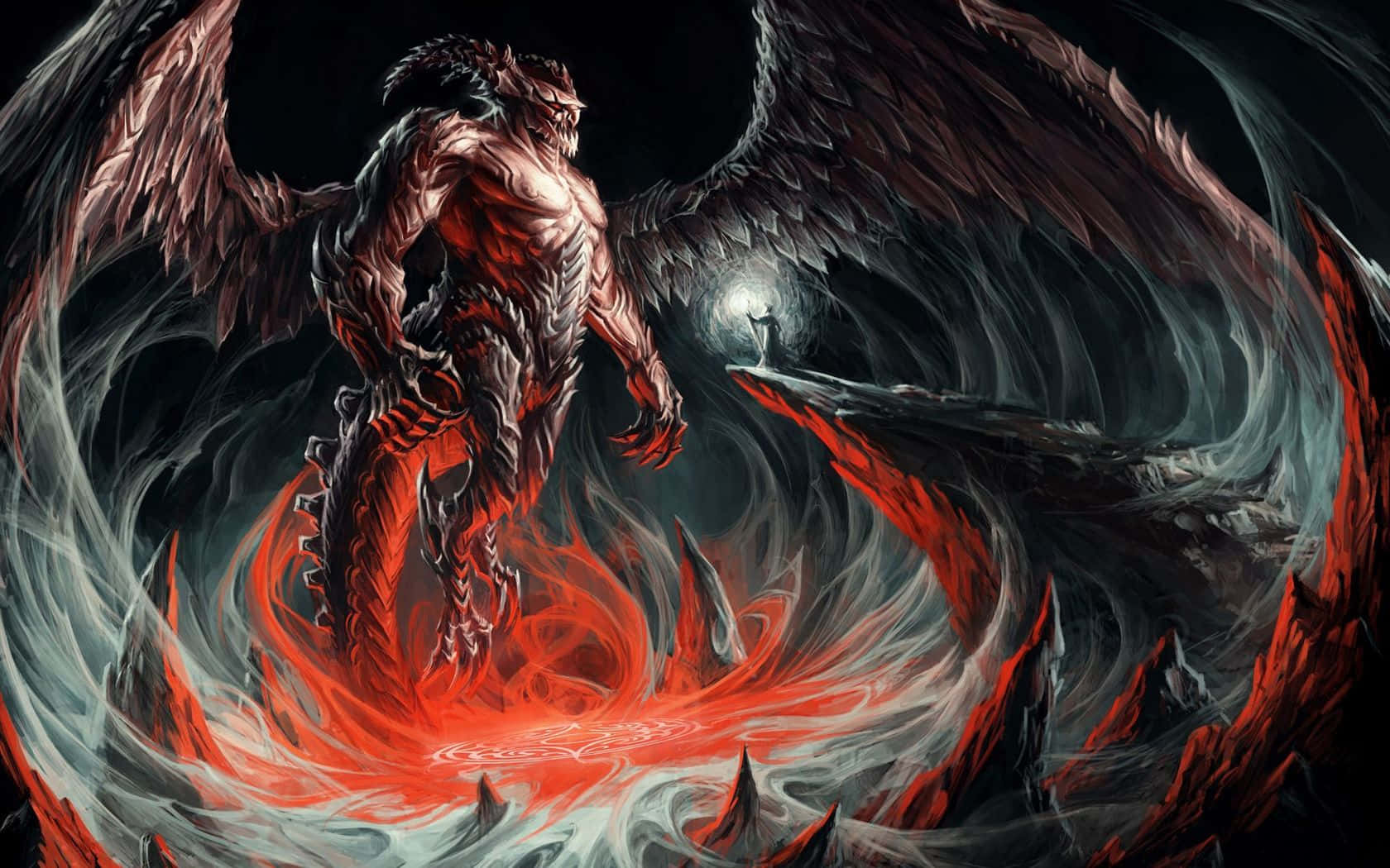 一個在黑暗旋轉環境中，擁有翅膀和火熱光環的惡魔生物。 — 惡魔動圖 壁紙