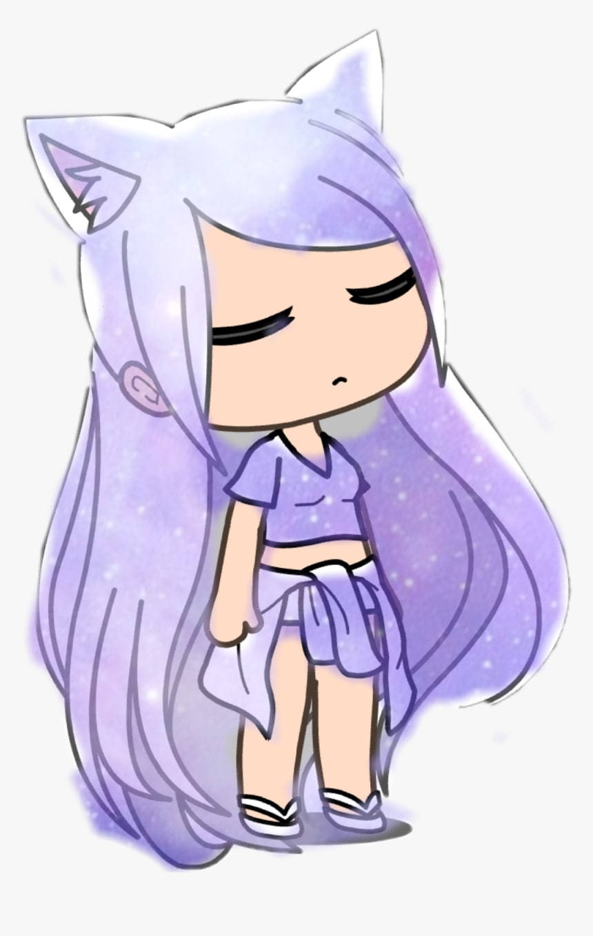 Cute Girl 桌布 壁紙 — 一個長著薰衣草色長髮和貓耳的可愛動漫女孩，閉著眼睛，帶著噘嘴的表情，站在閃閃發光的紫色背景前。