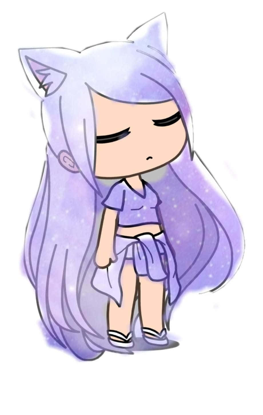 Gacha 桌布 壁紙 — 一個長著薰衣草色長髮和貓耳的可愛動漫女孩，閉著眼睛，帶著不高興的表情，站在星空紫色背景前。