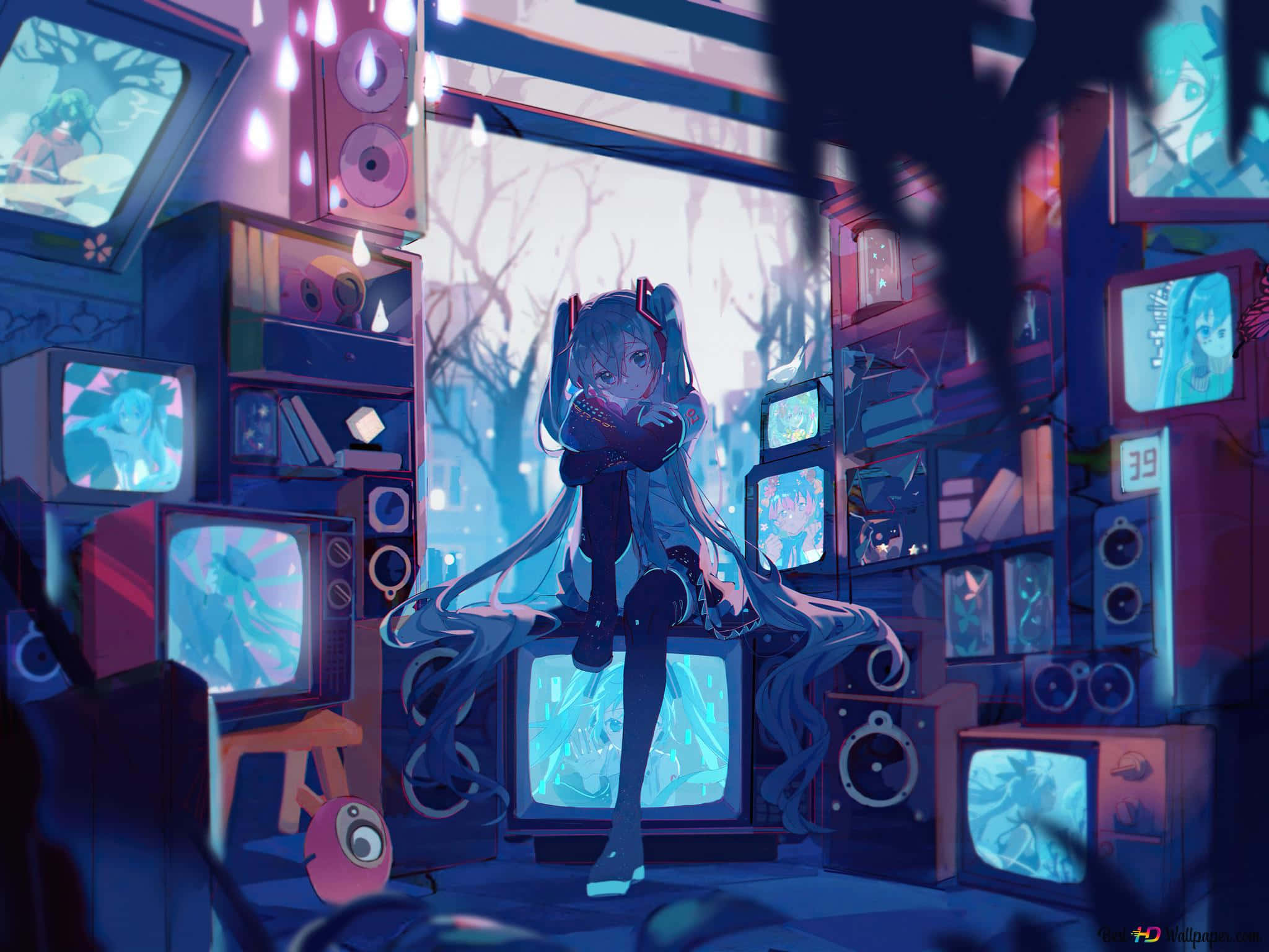 Kawaii Gaming Girl 桌布 壁紙 — 一個長著藍色長髮的動漫女孩坐在發光的電視機上，周圍環繞著復古螢幕，身處一個霓虹燈照亮的復古科技房間。