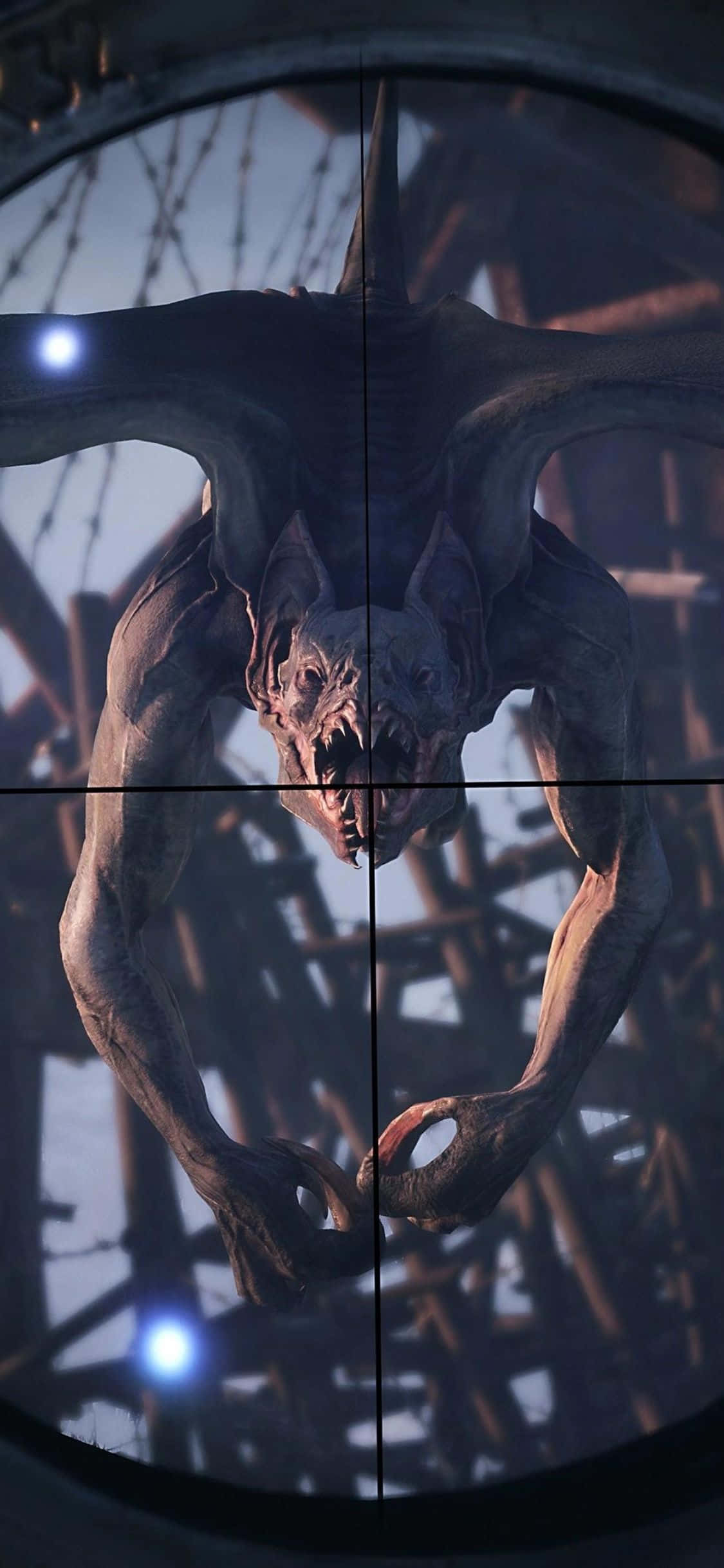 iPhone X Metro Exodus 桌布 壁紙 — 一個長著蝙蝠翅膀和發光眼睛的怪誕惡魔生物，透過狙擊鏡看到，背景是鐵絲網和工業碎片。