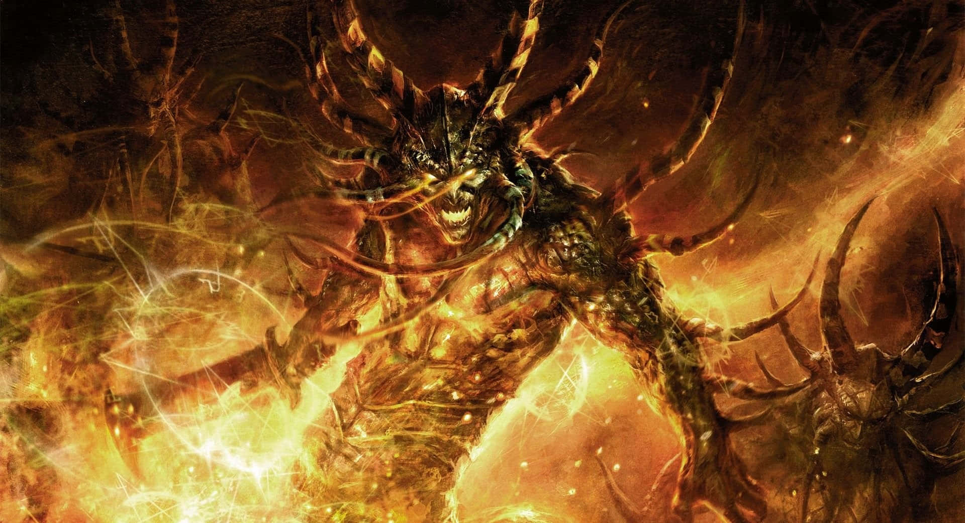 Cool Demon 桌布 壁紙 — 一個長著角、眼睛發光、能量熾熱的怪物惡魔，在混亂的戰鬥場景中從黑暗的火焰中噴發出來。