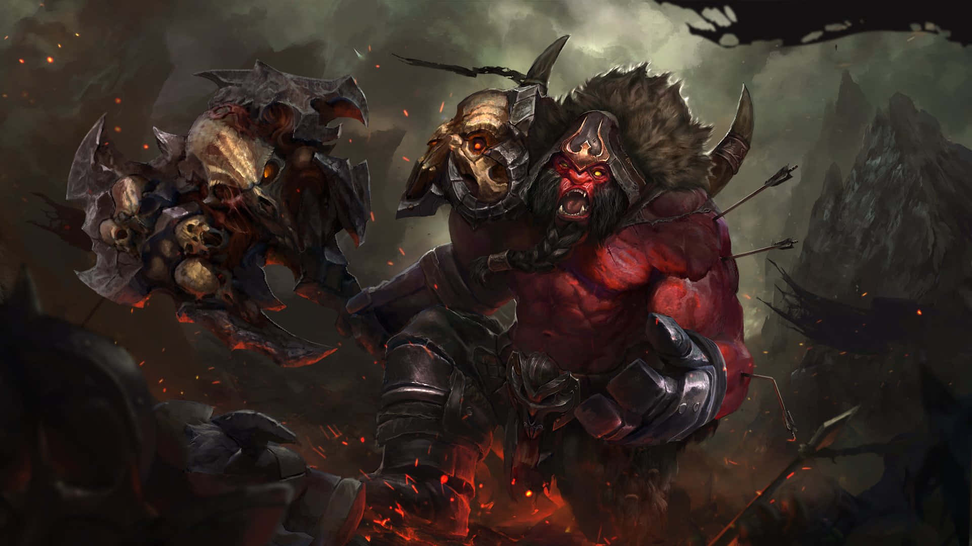 dota 2 4K 桌布 壁紙 — 一個長著角和盔甲的怪物般的紅皮膚戰士，在火花和黑暗的暴風山中揮舞著骷髏頭斧。