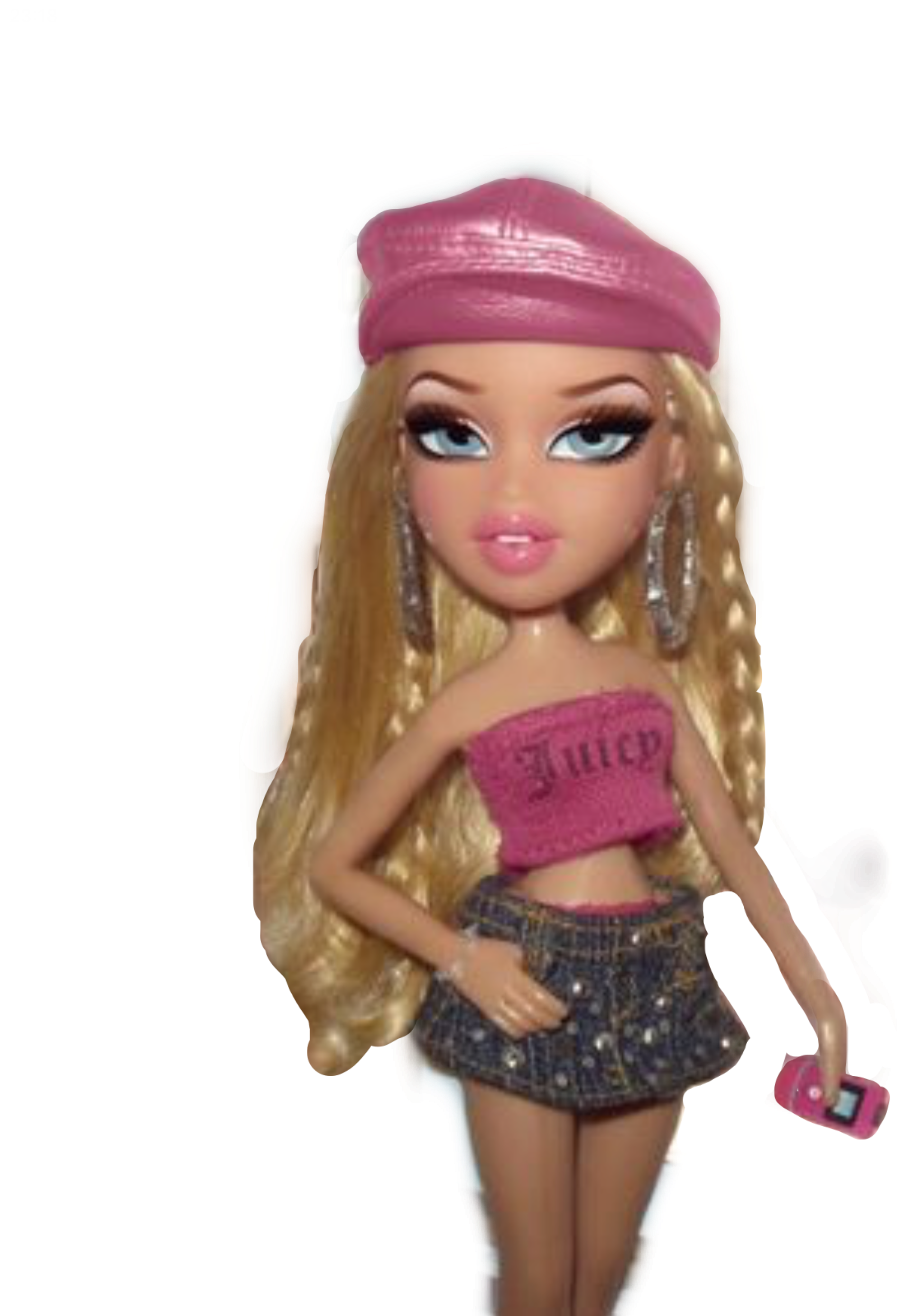 Bratz 桌布 壁紙 — 一個長著金色長髮的 Bratz 娃娃，戴著粉紅色貝雷帽和露臍上衣，在黑色背景前拿著粉紅色手機。