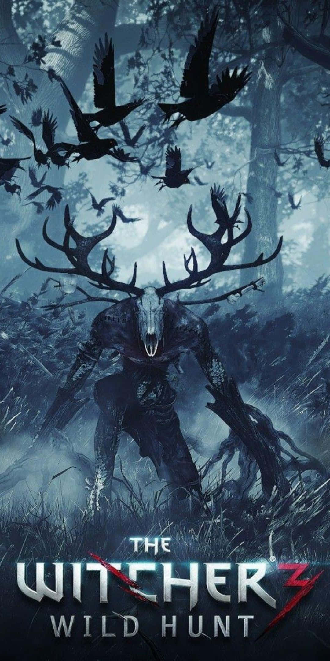 Pixel 3 The Witcher 3 桌布 壁紙 — 一個長著鹿頭的怪物，眼睛發光，鹿角伸展，站在迷霧森林中，烏鴉在蒼白的月亮下成群飛過頭頂。