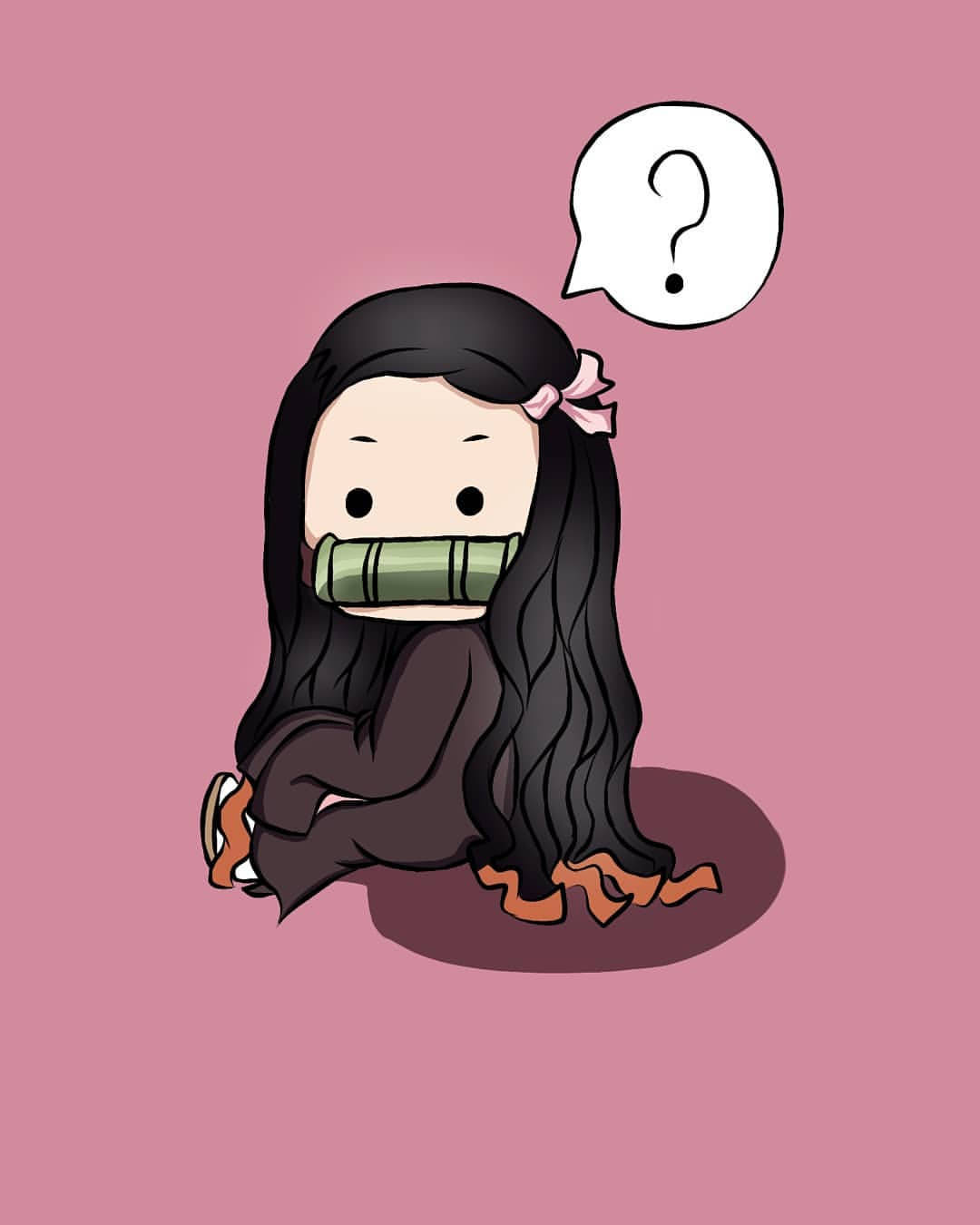 Demon Slayer Chibi 桌布 壁紙 — 一個長著黑色長髮、戴著竹製口塞的Q版女孩，在純粉紅色背景上困惑地坐著，頭頂有一個問號。