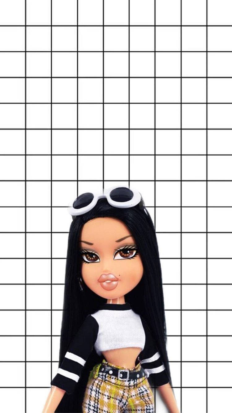 Bratz 桌布 壁紙 — 一個長著黑色長髮、頭上戴著太陽眼鏡的 Bratz 公仔，站在鮮明的黑白網格背景前。