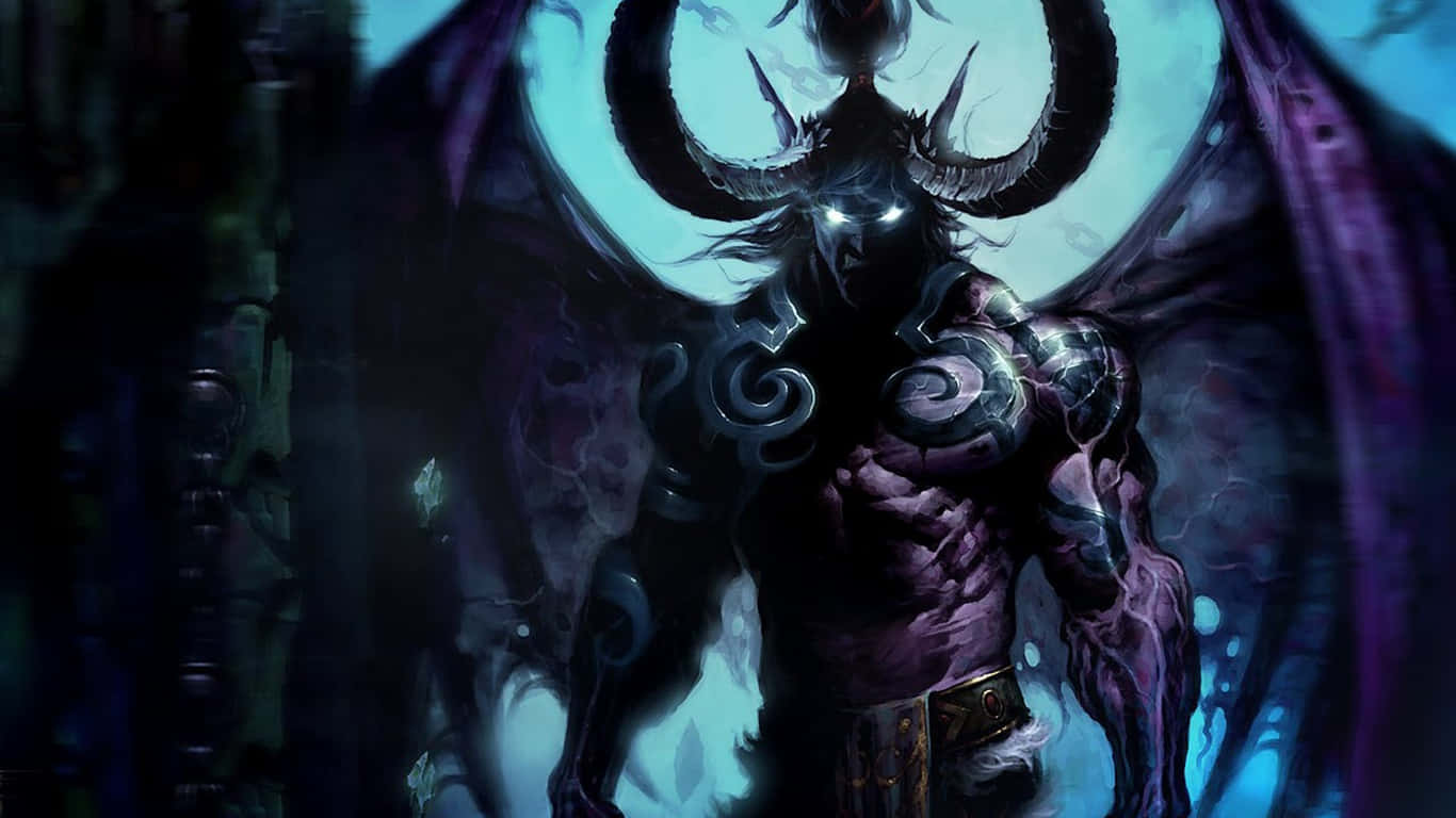 Demon Hunting 桌布 壁紙 — 一個長角、眼睛發光、紫色翅膀的威脅性惡魔，站在黑暗神秘的背景前。