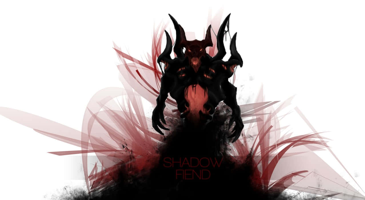 電玩遊戲 桌布 壁紙 — 一個長角惡魔形象的威脅性黑暗剪影，擁有發光的紅色眼睛和尖銳的紅色能量碎片從其形態中噴發，背景為純白色。