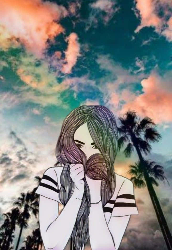 桌布 壁紙 — 一個長辮子女孩在棕櫚樹映襯的鮮豔日落天空下，雙手遮臉。