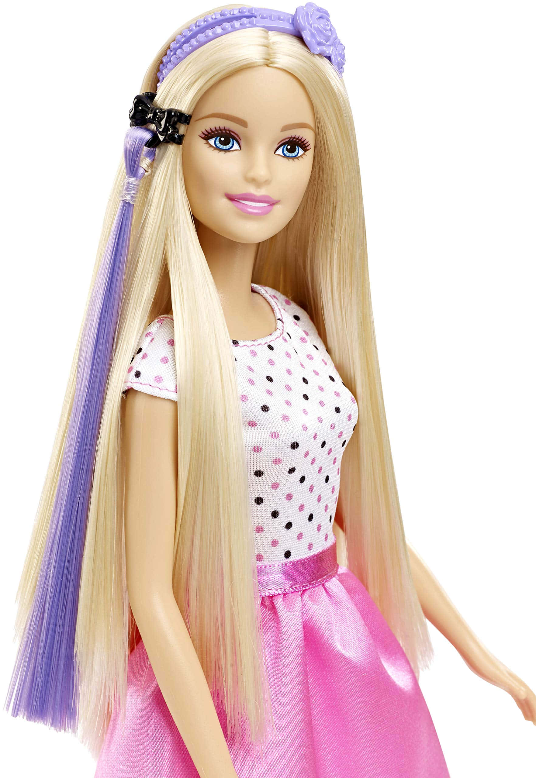 Doll 桌布 壁紙 — 一個長金髮帶有紫色條紋和相配頭帶的芭比娃娃微笑著，穿著波點上衣和粉紅色裙子。