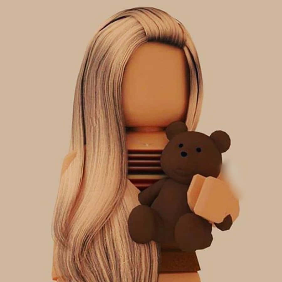美學 Roblox 女孩 桌布 壁紙 — 一個長金髮的Roblox角色在米色背景前抱著一隻棕色泰迪熊。