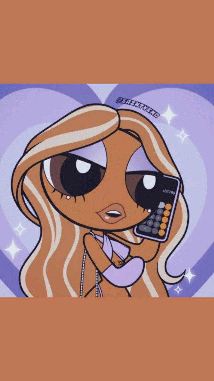 Powerpuff Girls 桌布 壁紙 — 一個長金髮的卡通女孩將計算器貼在耳邊，背景是帶有閃光的紫色心形。