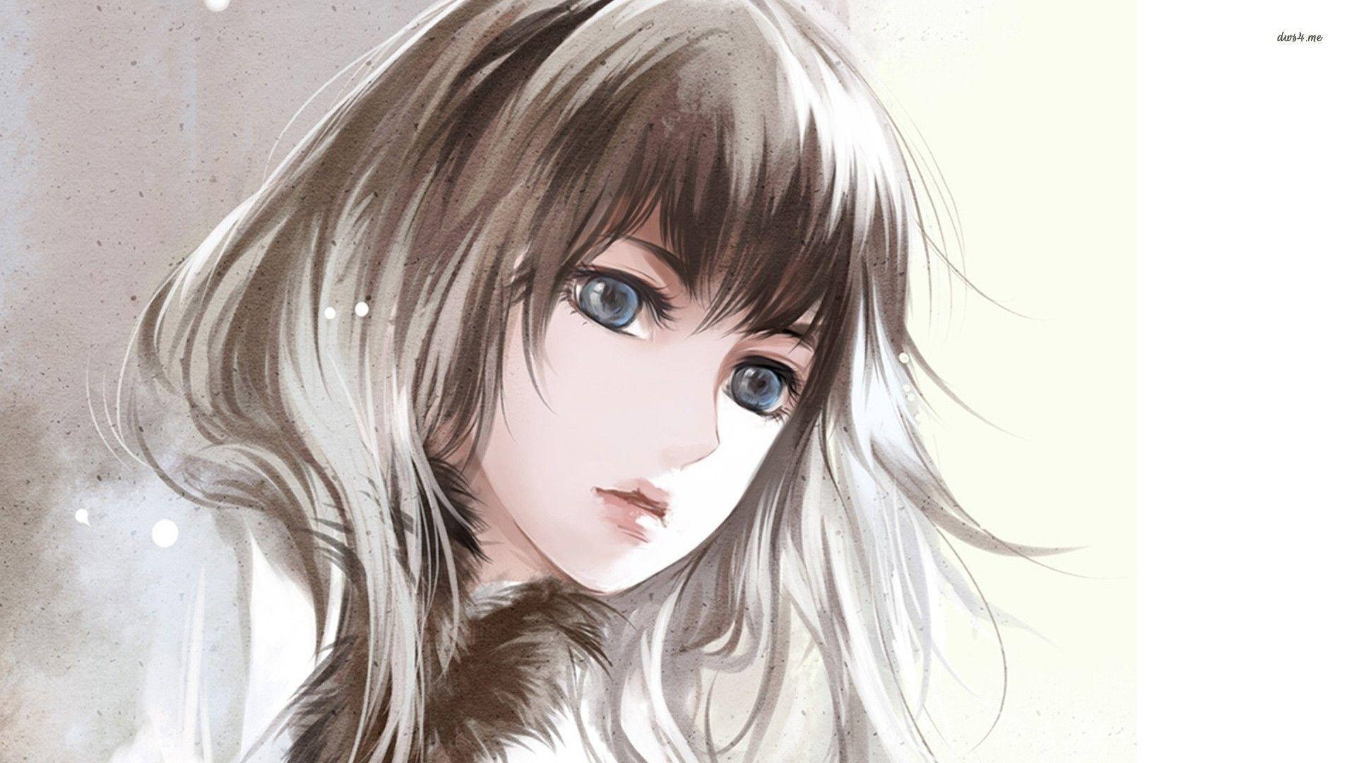 Girly Cartoon 桌布 壁紙 — 一個長銀色頭髮和藍色眼睛的動漫女孩特寫，柔和地凝視著柔和的米色背景。