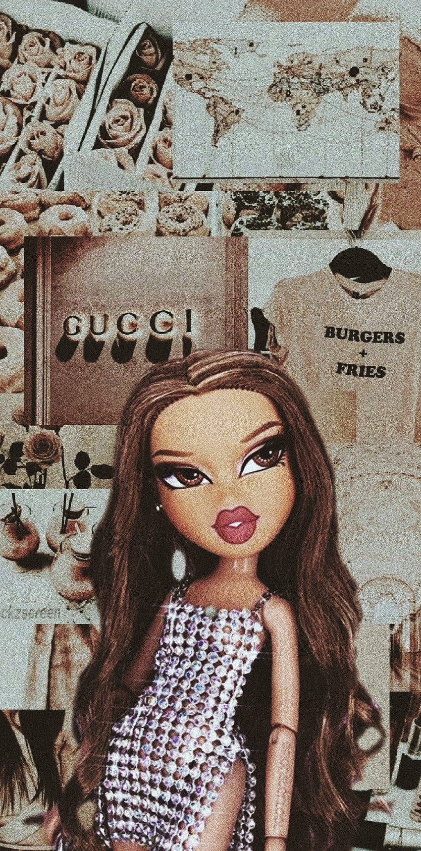 Bratz 桌布 壁紙 — 一個長長棕色頭髮、穿著閃亮裙子的娃娃，位於奢侈品、食物和時尚拼貼畫的中心。