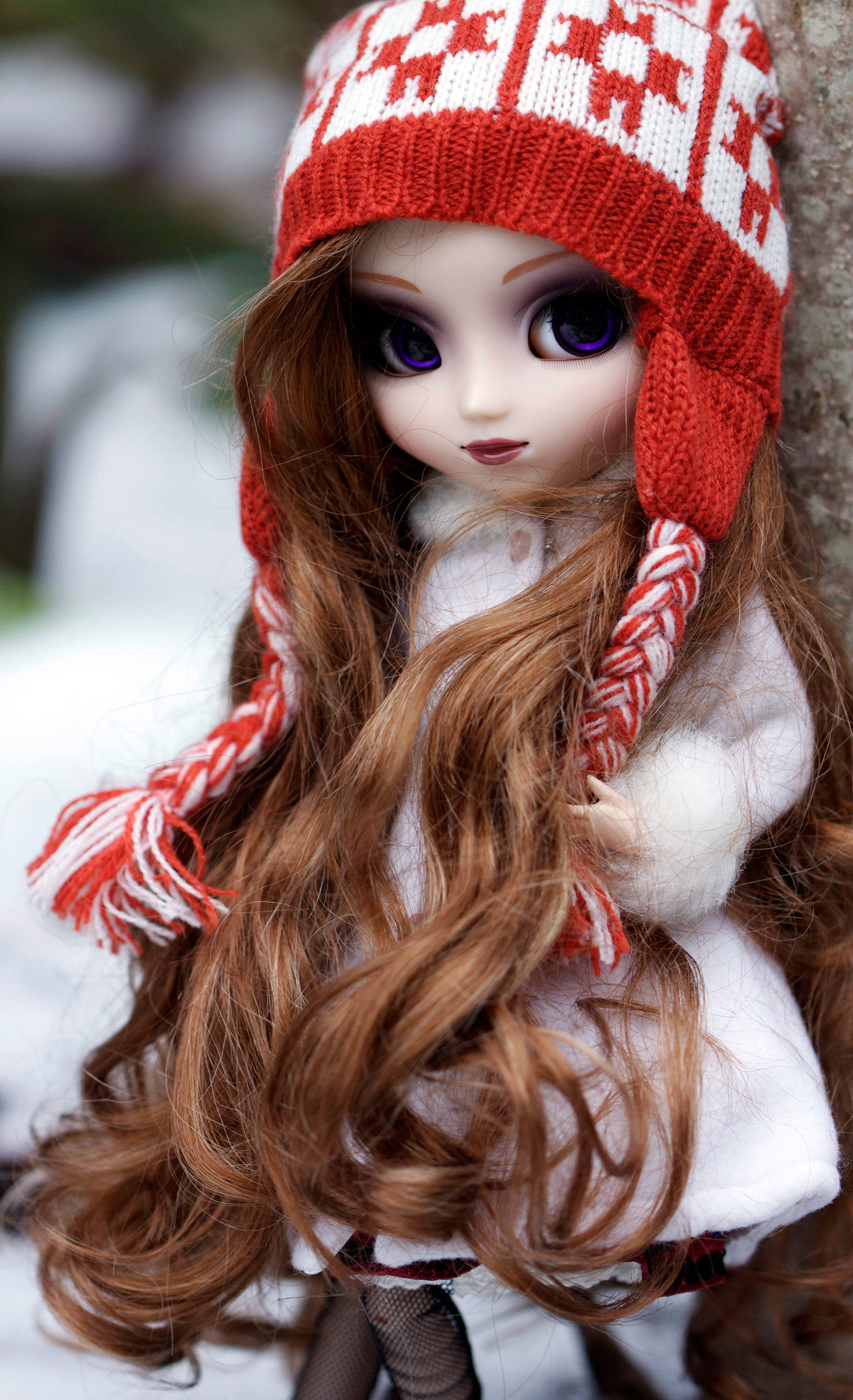 Doll 桌布 壁紙 — 一個長長棕色頭髮和紫色眼睛的洋娃娃，戴著一頂紅白相間的針織帽，有耳罩和辮子流蘇，背景是雪地。