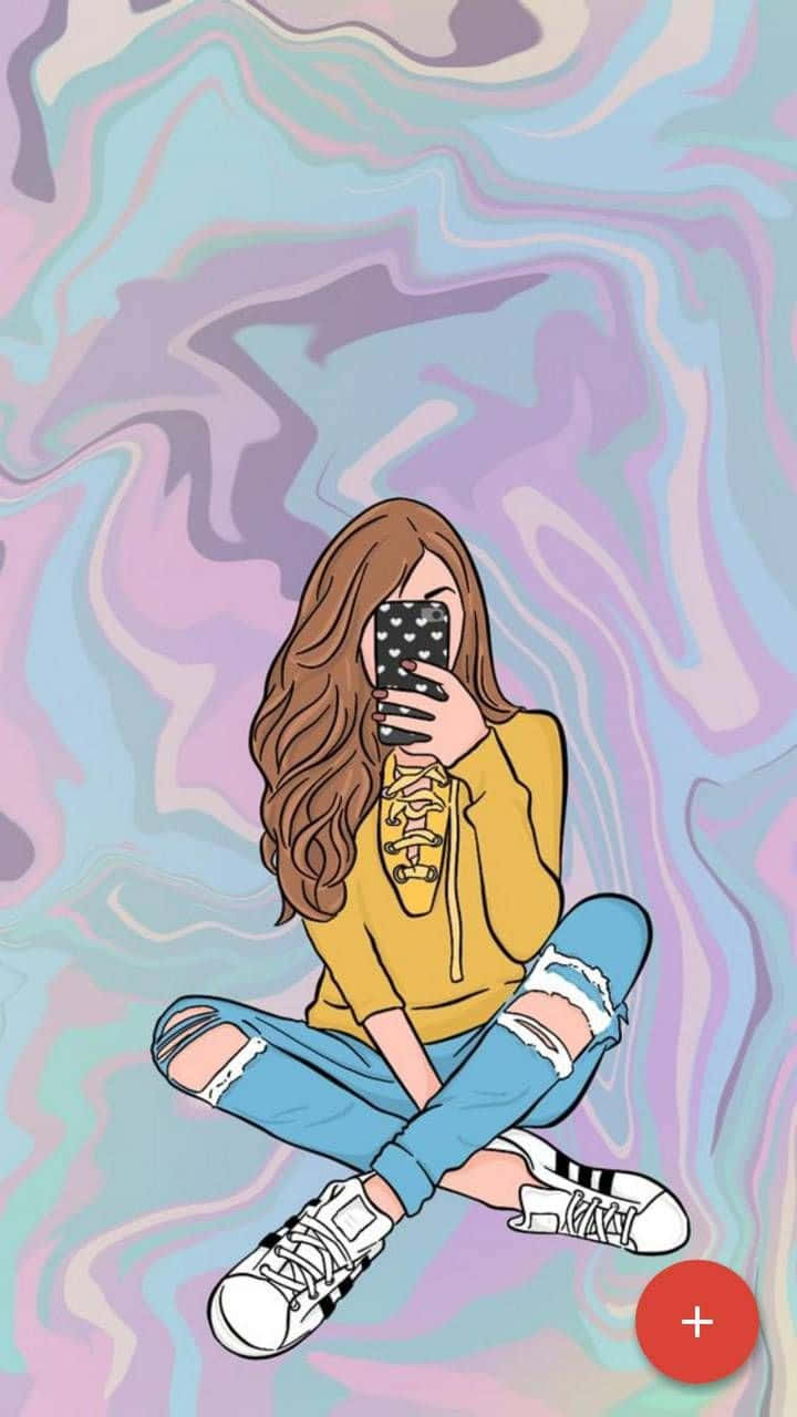 桌布 壁紙 — 一個長長棕色頭髮的女孩盤腿坐著，在旋轉的粉彩背景前自拍。