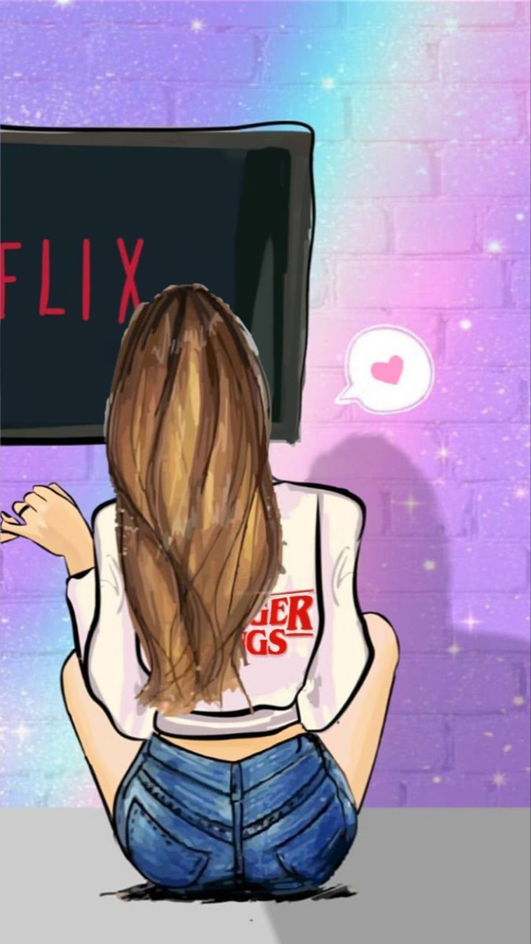 女孩在電視上看Netflix，紫色磚牆上有閃光