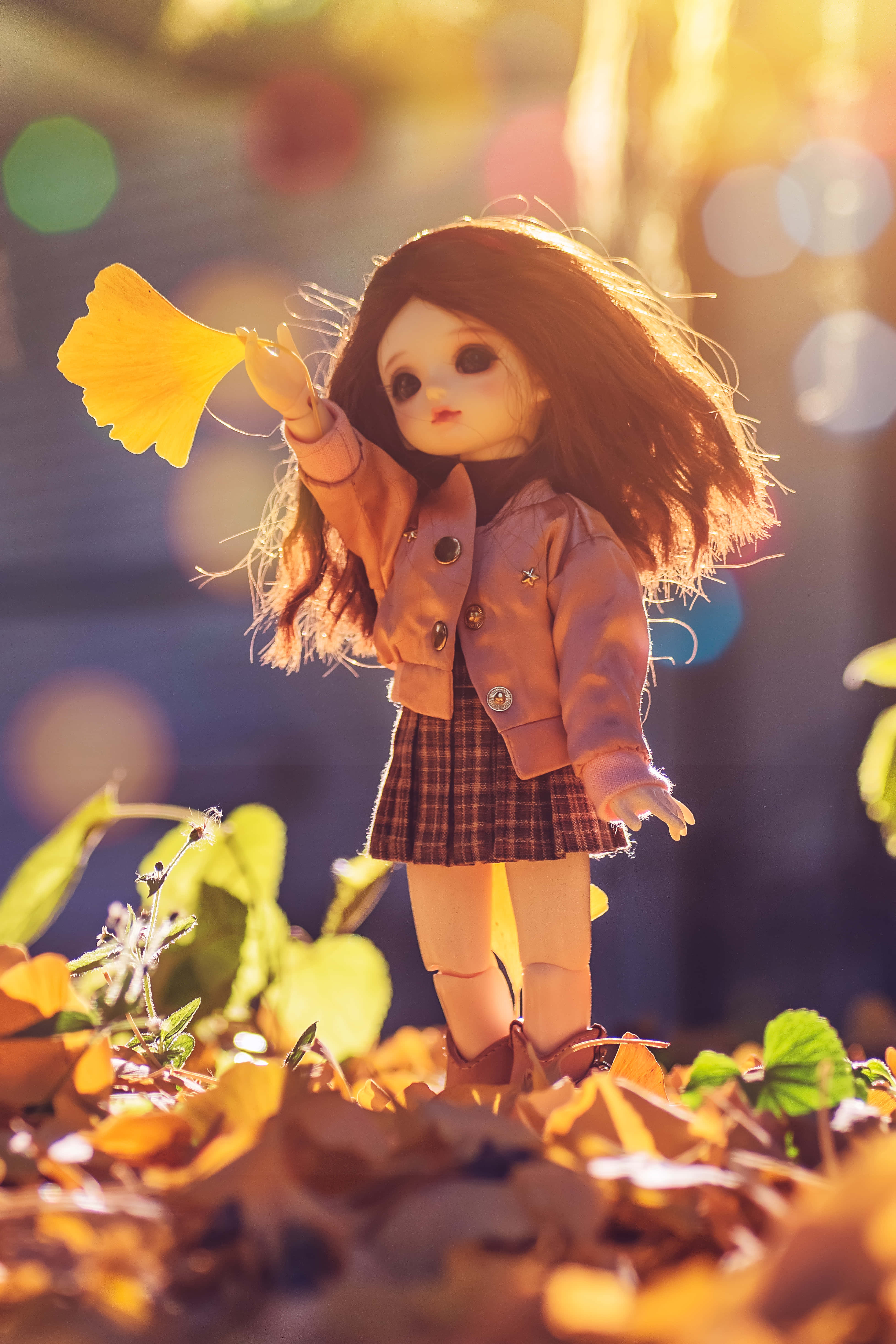 Dolls 桌布 壁紙 — 一個長長棕色頭髮的娃娃站在金色的秋葉中，在溫暖的陽光下拿著一片黃色的銀杏葉。