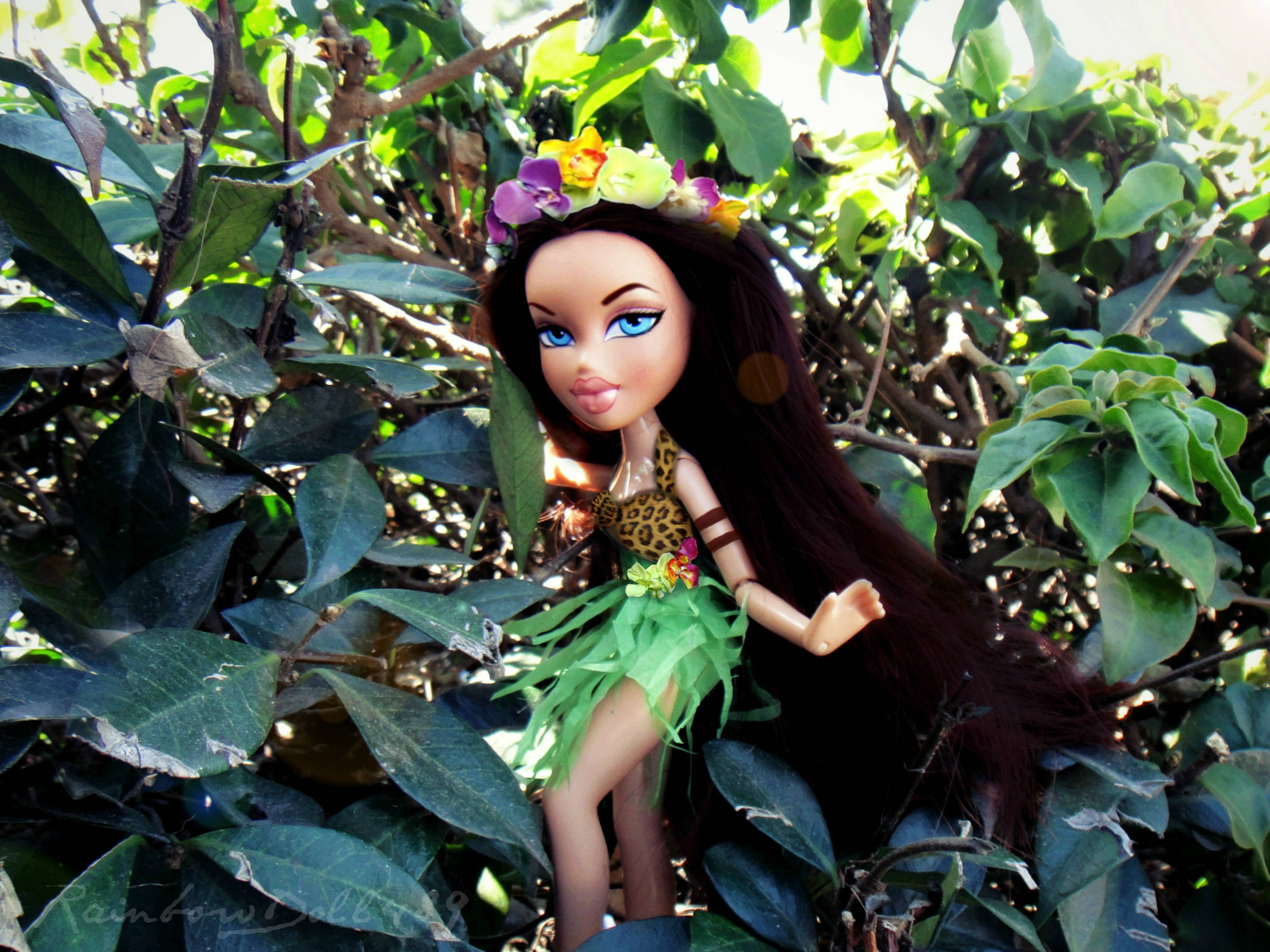 bratz 美學 桌布 壁紙 — 一個長長深色頭髮和藍色眼睛的洋娃娃，戴著花冠和綠色草裙，從茂密的綠色樹葉中探出頭來。