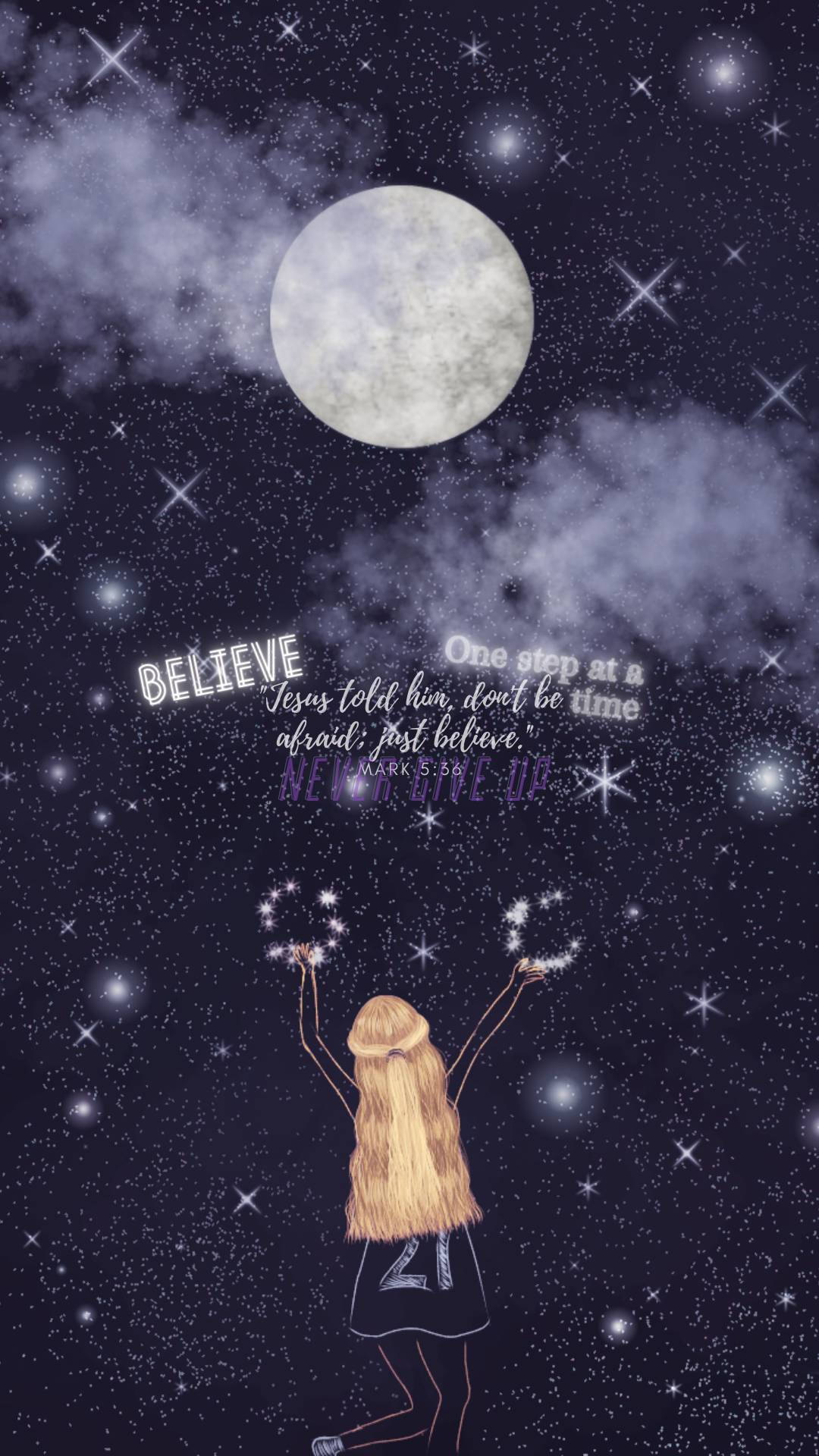 桌布 壁紙 — 一個長長金髮的女孩在滿月和閃爍的星星下向上伸手，手中握著發光的星軌。