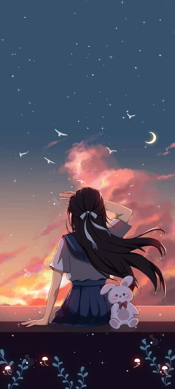 Anime Girl Aesthetic 桌布 壁紙 — 一個長長黑髮的女孩在黃昏時坐在窗台上，抱著一個毛絨兔子，凝視著星空，有新月和飛鳥。