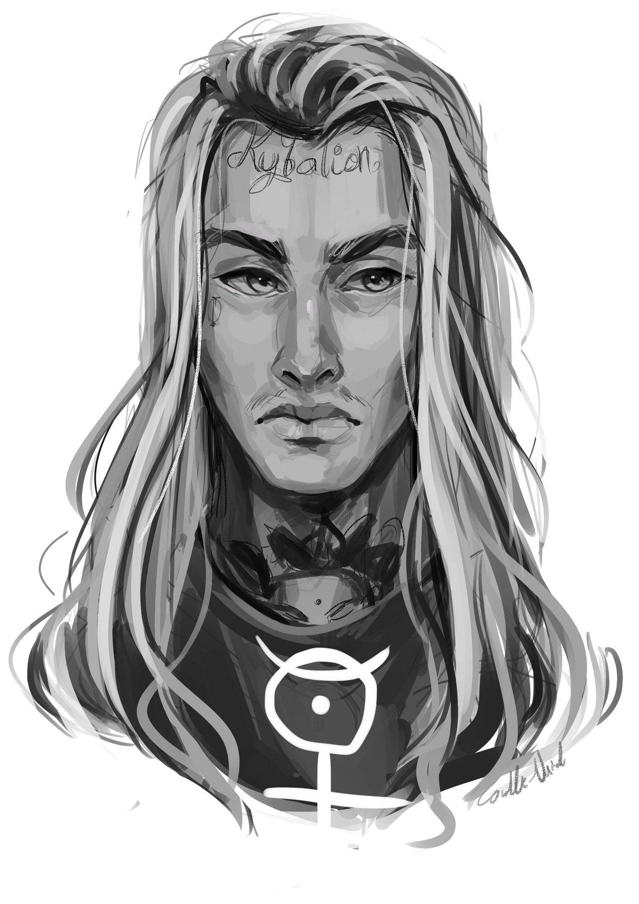 Ghostemane 桌布 壁紙 — 一個長頭髮、頸部有刺青的人穿著帶有符號的襯衫的單色插圖。