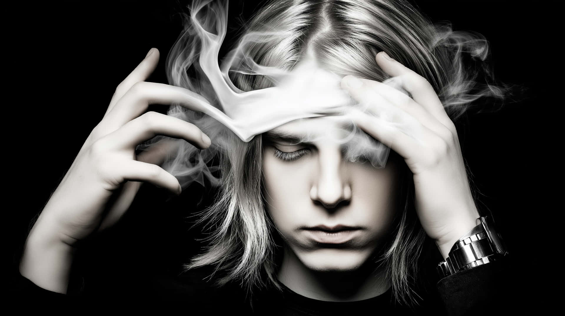 Person with Minds Emitting Smoke in Monochromatic Scene 壁紙 — 一個長頭髮的人將煙霧舉在眼睛上方，背景為黑色。