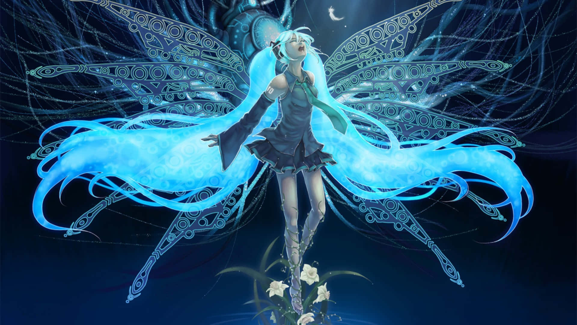 初音未來 桌布 壁紙 — 一個長髮、發光藍色翅膀的動漫女孩漂浮在白色花朵上方，背景是黑暗的宇宙。