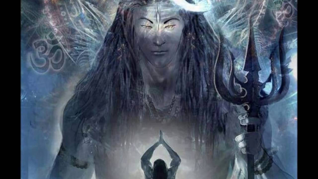 Looking 桌布 壁紙 — 一個長髮、眼睛發光的神聖人物手持三叉戟，而一位崇拜者在下方神秘的藍色光環中祈禱。