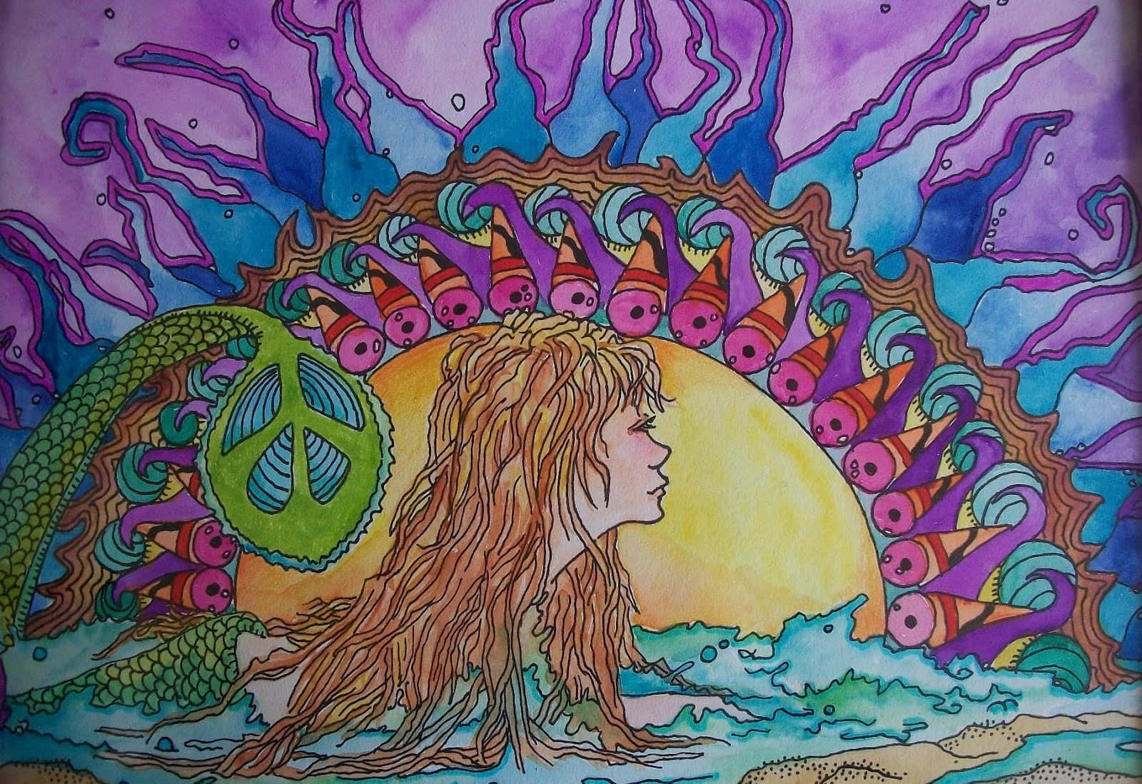 迷幻動圖 桌布 壁紙 — 一個長髮人物帶有和平符號，小丑魚圍繞著太陽般的球體旋轉的超現實插圖。