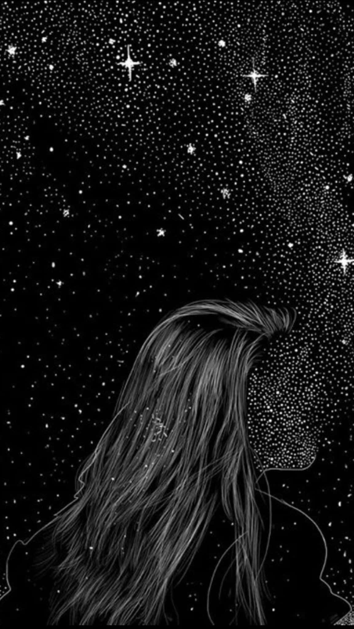 哥德式動圖 桌布 壁紙 — 一個長髮女孩仰望佈滿閃爍星星和宇宙塵埃的星空。