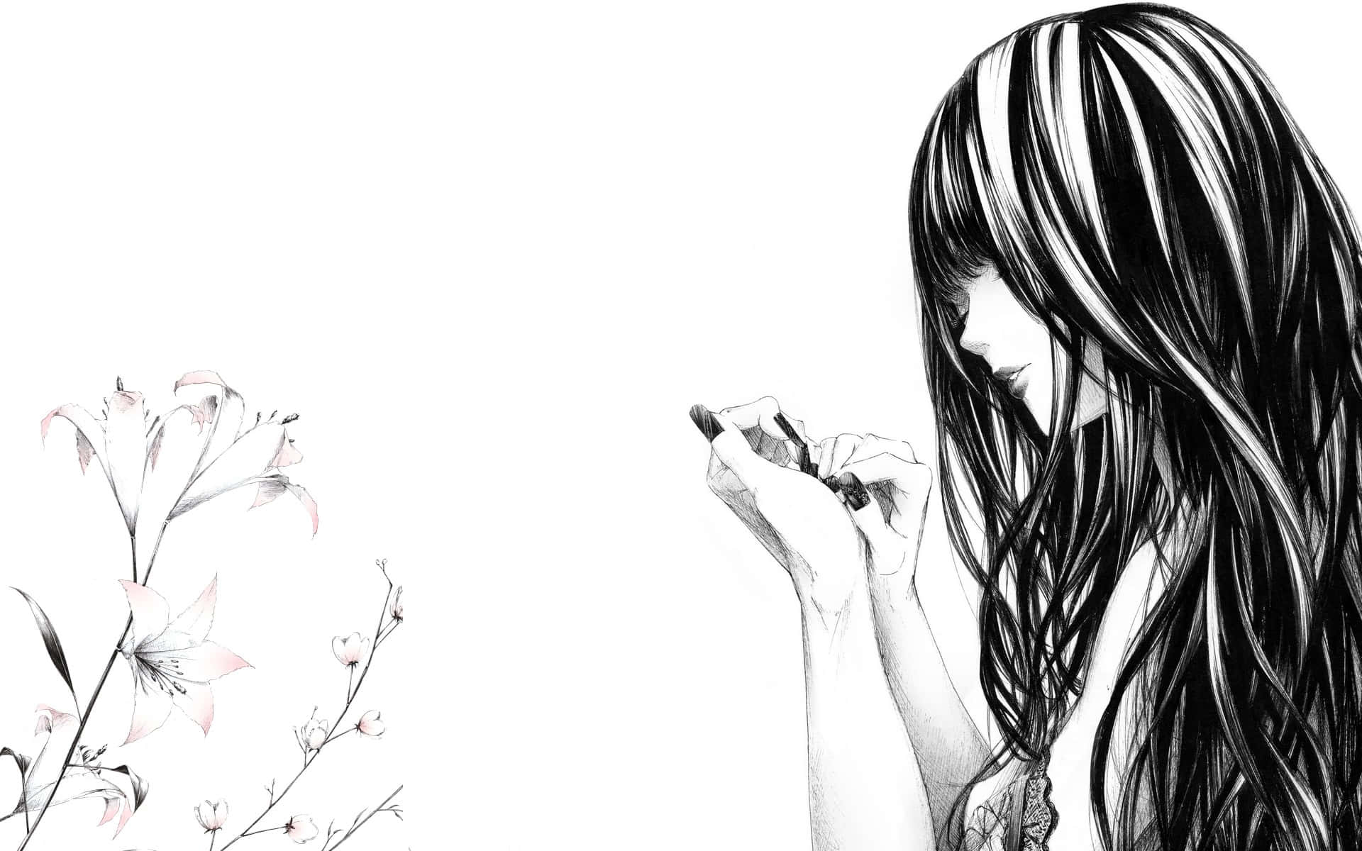 動漫繪圖 桌布 壁紙 — 一個長髮女孩在精緻百合花旁握著筆的黑白插圖。
