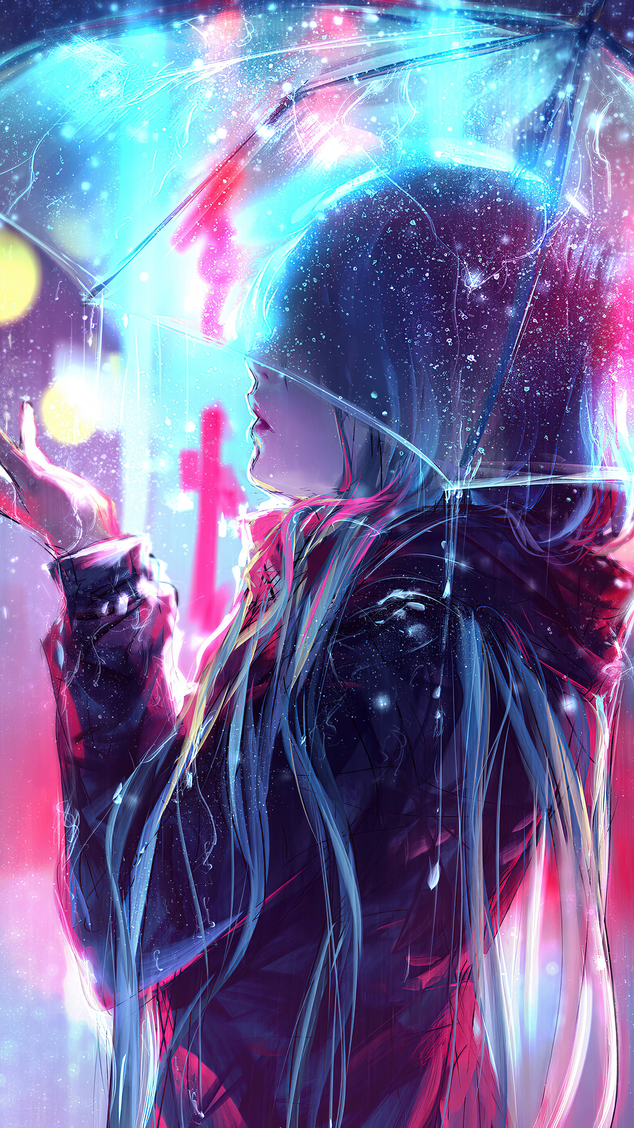 Anime Girl Phone 桌布 壁紙 — 一個長髮女孩在霓虹燈下撐著傘，雨滴劃過充滿活力的賽博龐克城市景觀。