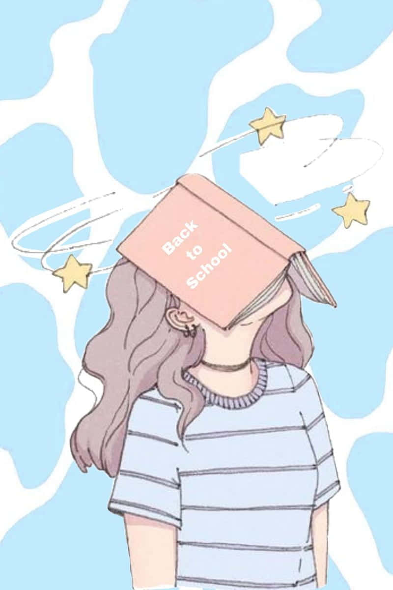  壁紙 — 一個長髮女孩戴著粉紅色的「Back to School」書本帽，背景是旋轉的藍白色和漂浮的星星。